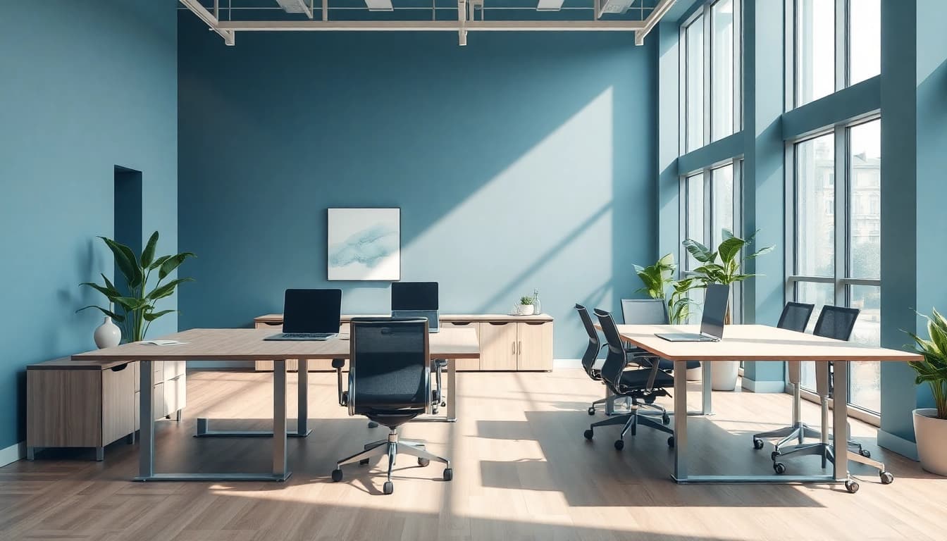 Moderne Büromöbel in einem hellen Büro, höhenverstellbarer Schreibtisch und ergonomischer Stuhl präsentiert zur Förderung von Produktivität.