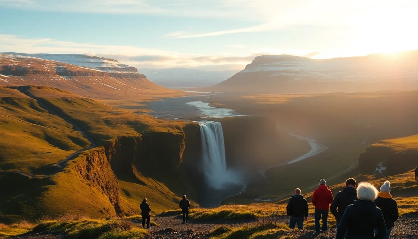 Erlebe die majestätische Landschaft bei der Reise nach Island mit beeindruckenden Wasserfällen und Bergen im Hintergrund.