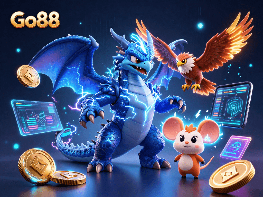 Experience the thrill of Go88 through a vibrant 3D illustration capturing electrifying casino action.