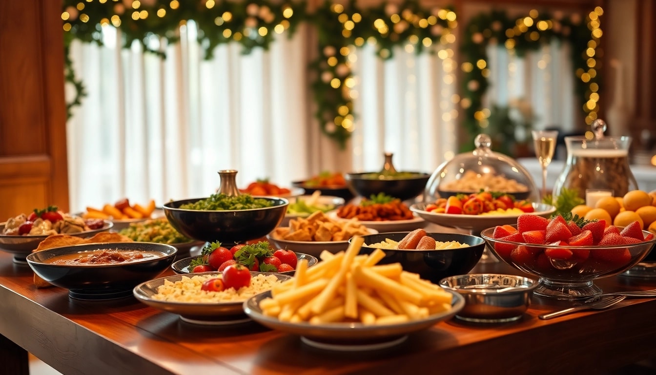 Genießen Sie einen erstklassigen Partyservice mit einer Vielzahl an exquisiten Gerichten auf einem stilvollen Buffet.