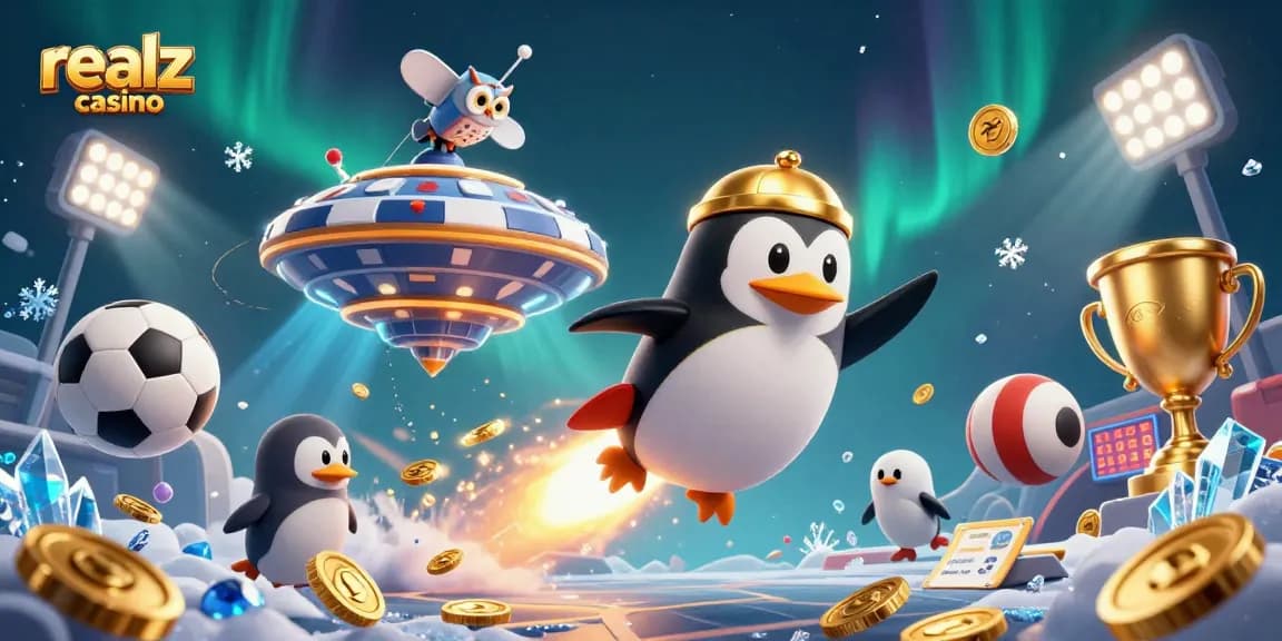 Experience the magic of realz casino with a vibrant 3D space scene filled with festive gaming elements.