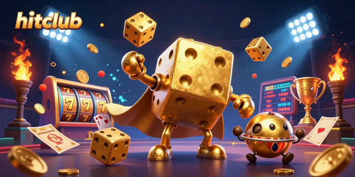 Hitclub brings excitement to life with a dynamic scene featuring golden dice, slot reels, and vibrant game elements.