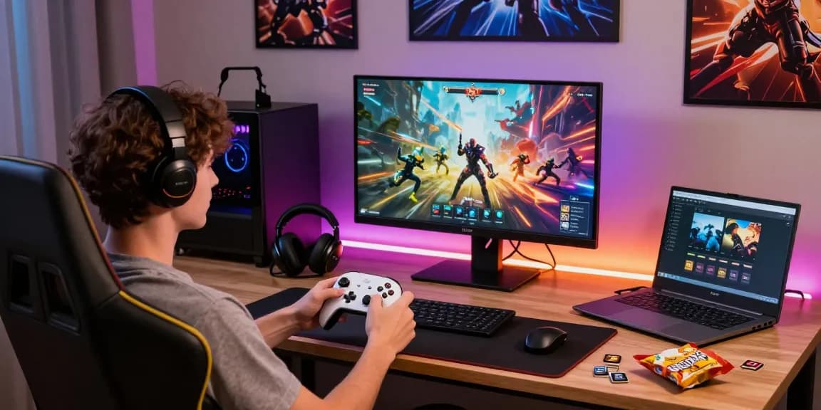 The user testing the 8BitDo Ultimate 2 Test in an immersive gaming setup with colorful LED lights.