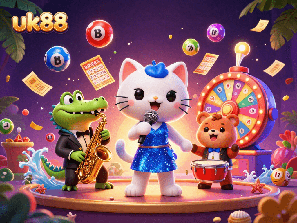 Experience the vibrant entertainment at uk88 as a jazz-singer cat, crocodile, and bear bring excitement to the casino stage.