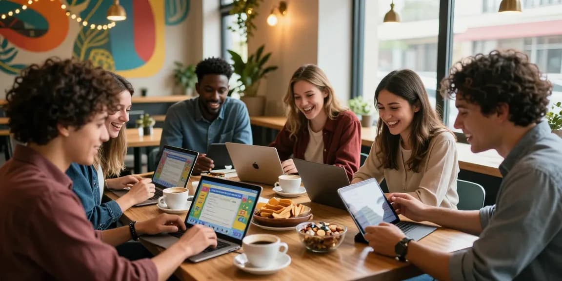 Group of friends engaged in a lively Quiz Allgemeinwissen game at a café, showcasing vibrant atmosphere and collaboration.