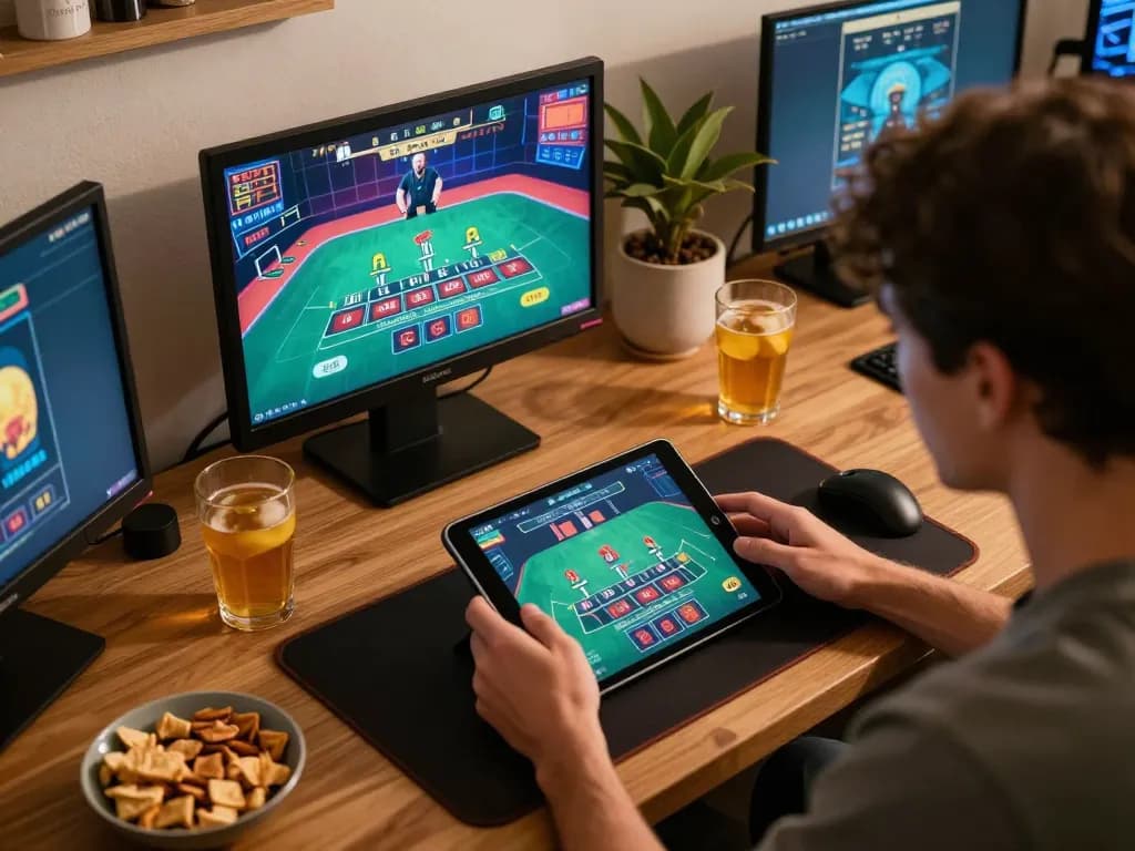 Player enjoying a live blackjack game on fabet, tablet in use with snacks creating a cozy atmosphere.