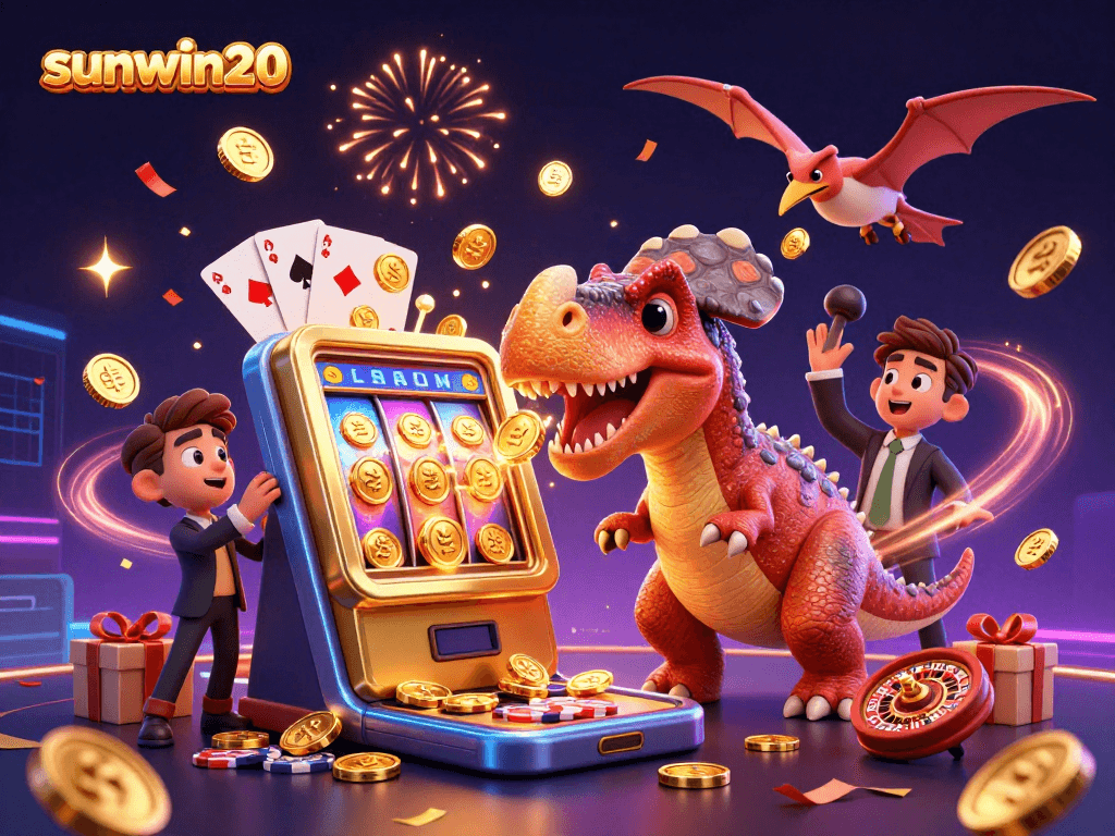 Experience thrilling moments at sunwin20 as a pachycephalosaurus wins coins from a slot machine amidst colorful casino elements.