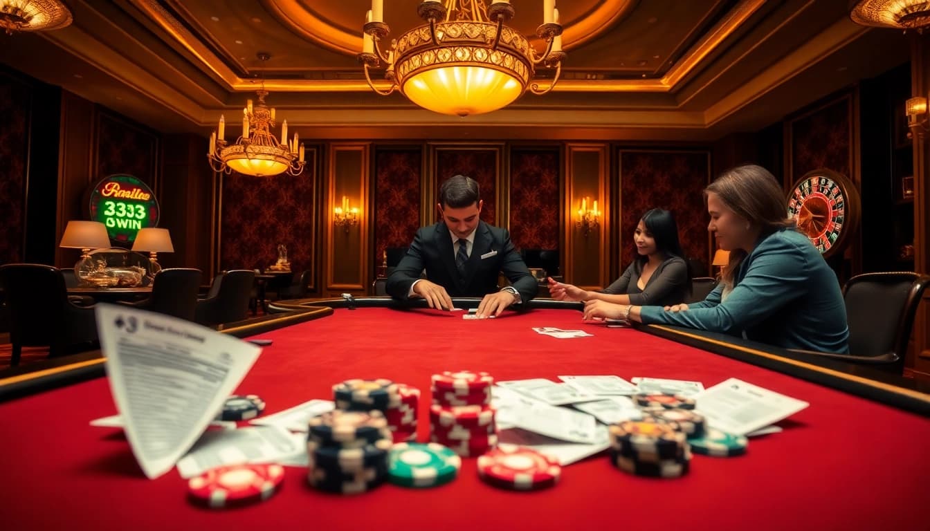 Exciting blackjack action showcasing 33win's luxurious casino atmosphere with players and chips.