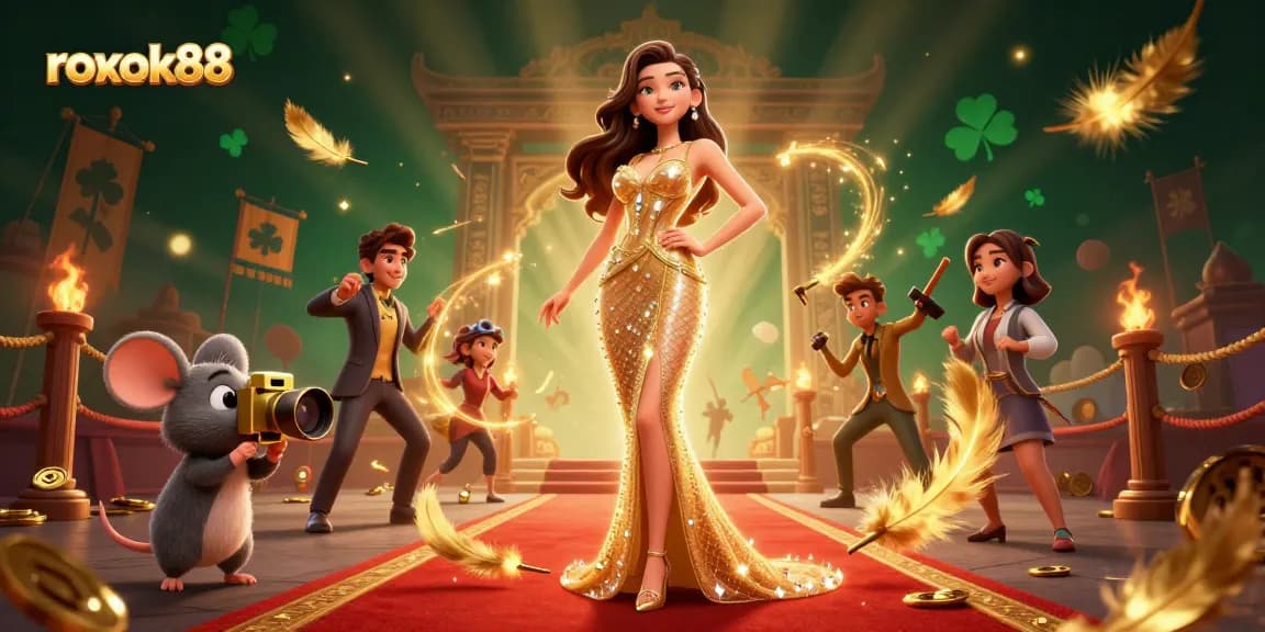 Engage with rokok88’s thrilling casino scene featuring a glamorous woman, golden coins, and vibrant betting elements.