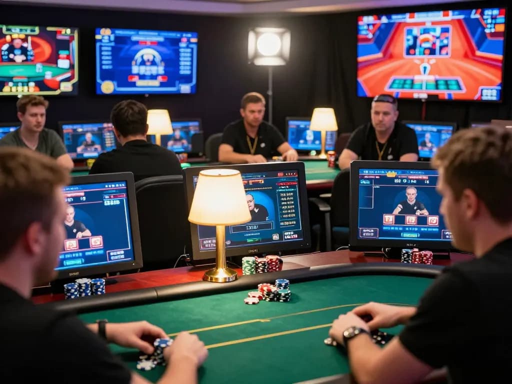 KJC players strategizing in high-stakes online poker game with intense focus and technology