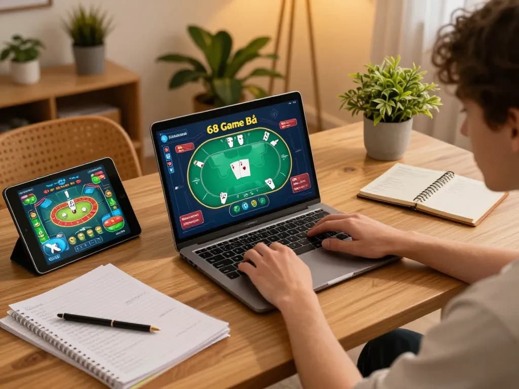 Engaging in 68 Game Bài with a laptop at home, showcasing online poker strategies.