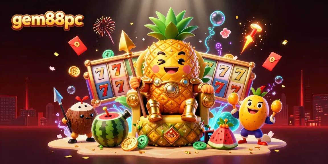 Spin the reels at gem88pc with dynamic casino elements featuring a vibrant golden pineapple king.