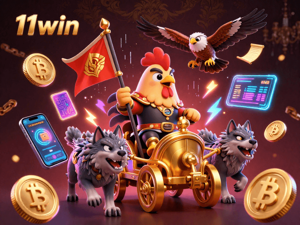 Experience thrilling adventure at 11win with a rooster warlord and cryptocurrencies in a dynamic casino scene.
