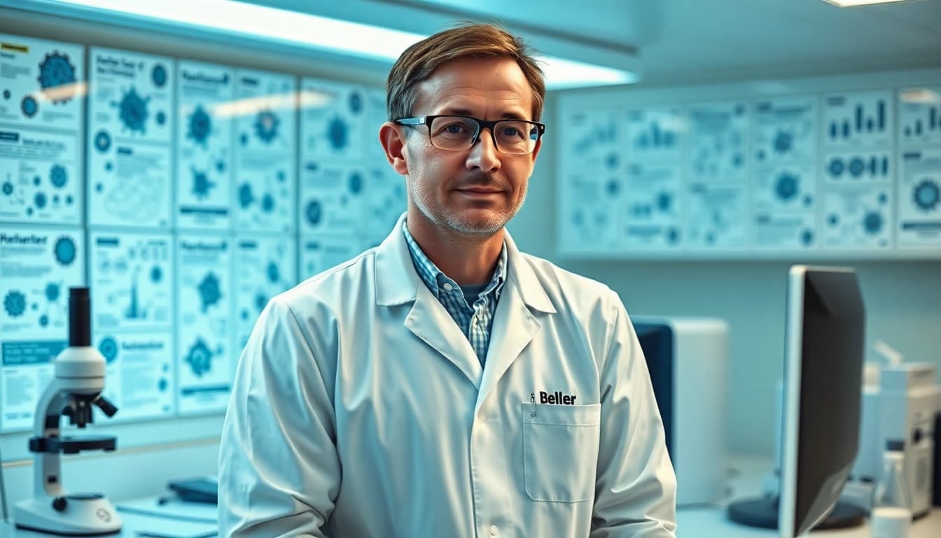 Virologe Stephan Becker in Laborumgebung, Mikroskop und Reagenzgläser aktiv nutzen.