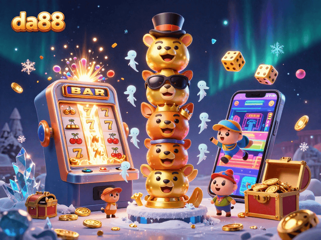 Experience thrilling games with da88's vibrant casino-themed 3D illustration showcasing totems and slot machines.
