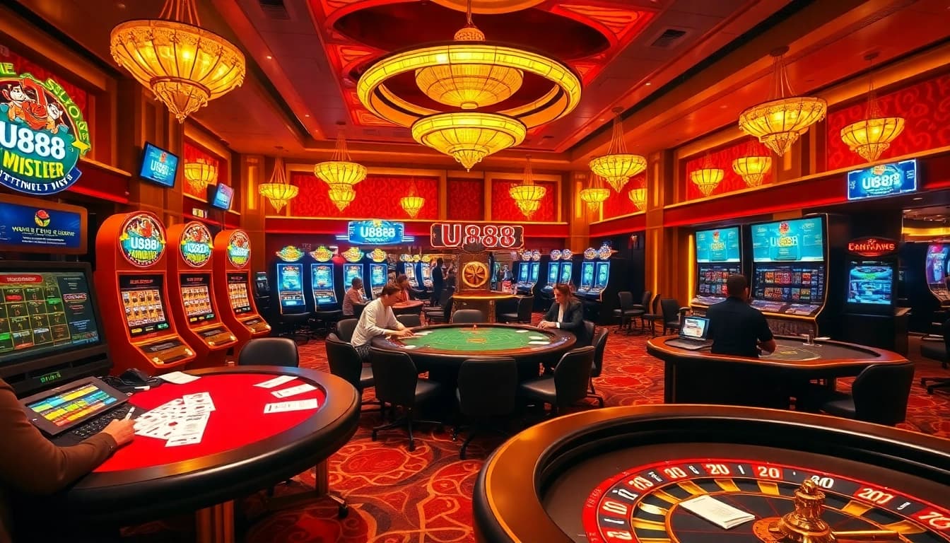Engaging in high-stakes poker at U888's luxury online casino environment with colorful chips and cards.