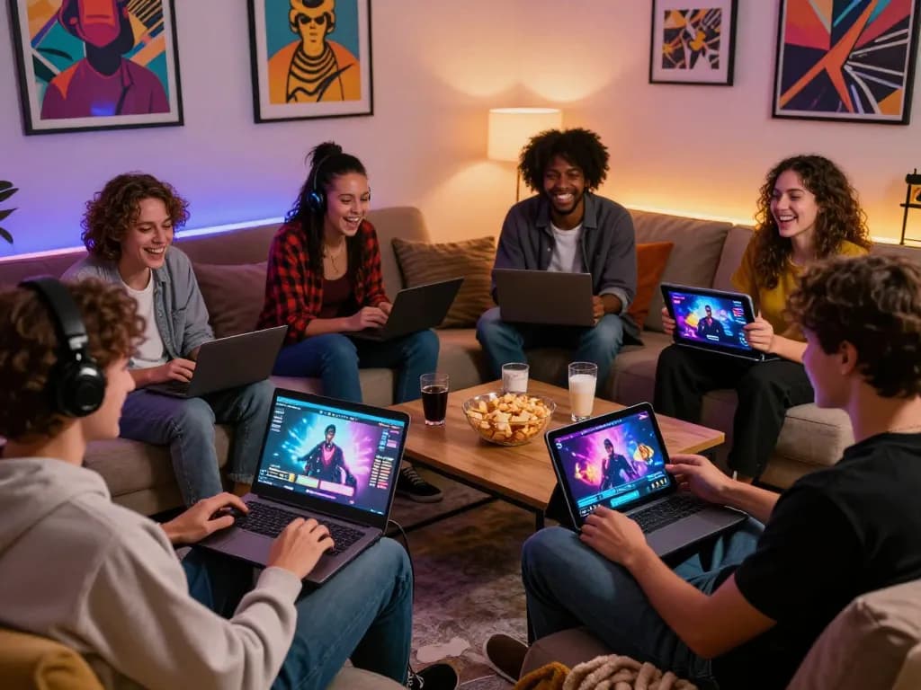 Engaged friends playing interactive porn ganes in a cozy lounge setting with colorful decor.