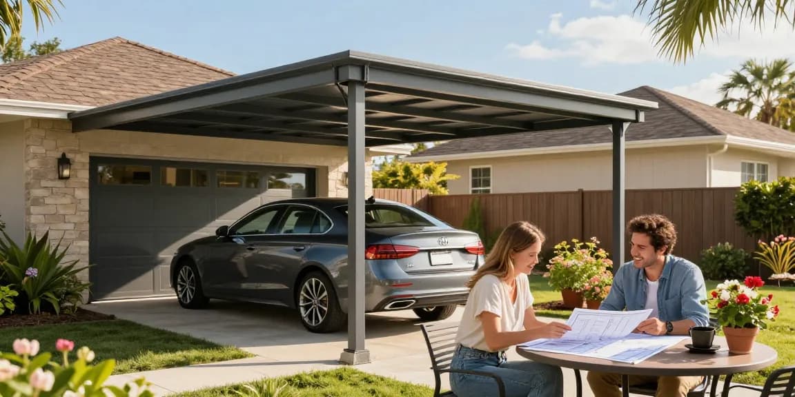 Moderne Carport-Installation mit stilvollem Auto und blühenden Pflanzen im Hintergrund