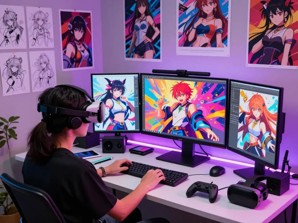 Engaging scene of a user in hentai ai chat exploring vibrant anime character designs, showcasing creativity and technology.