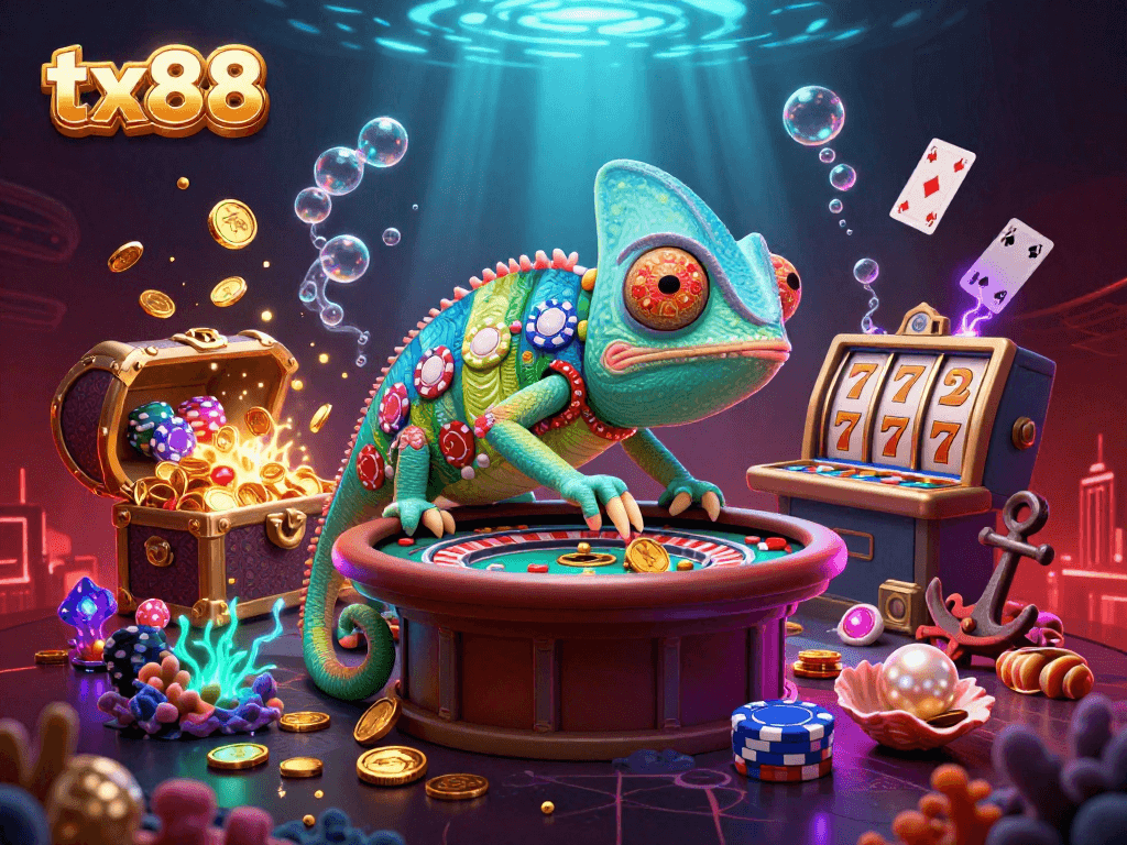 Experience vibrant gameplay with tx88's dynamic casino scene featuring a chameleon owner and floating slots.