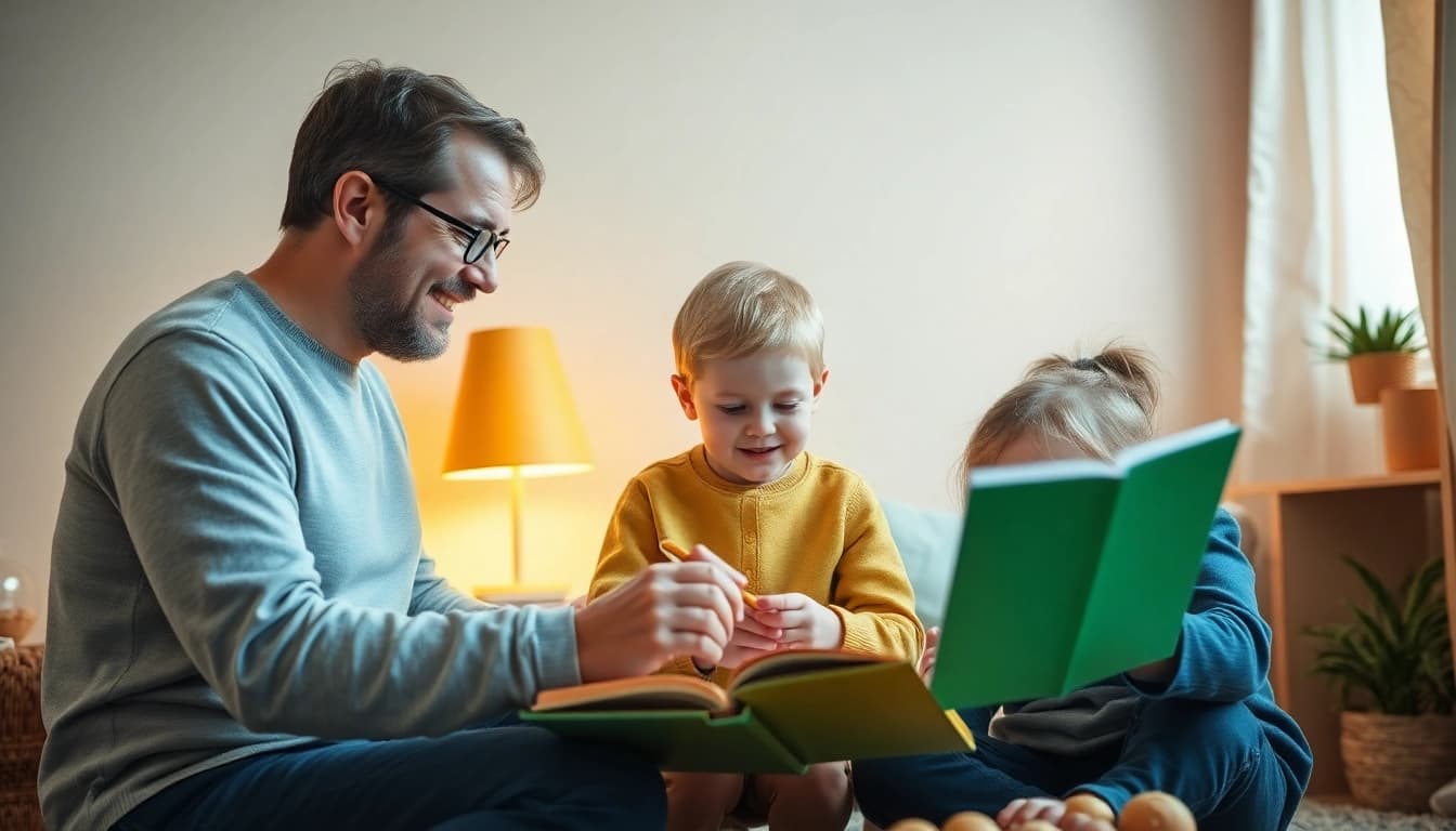 Kindererziehung: Ein Elternteil spielt liebevoll mit einem Kind in einem einladenden Raum.