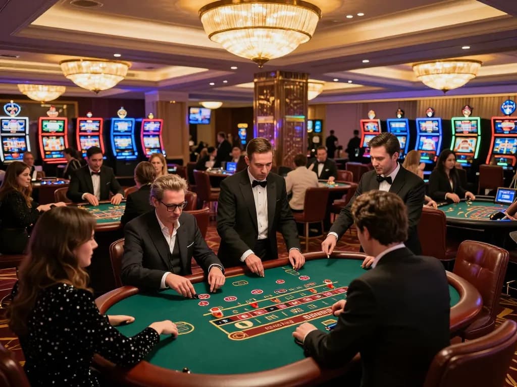 B52 club players enjoying dynamic gameplay at a luxurious casino floor with vibrant slot machines.