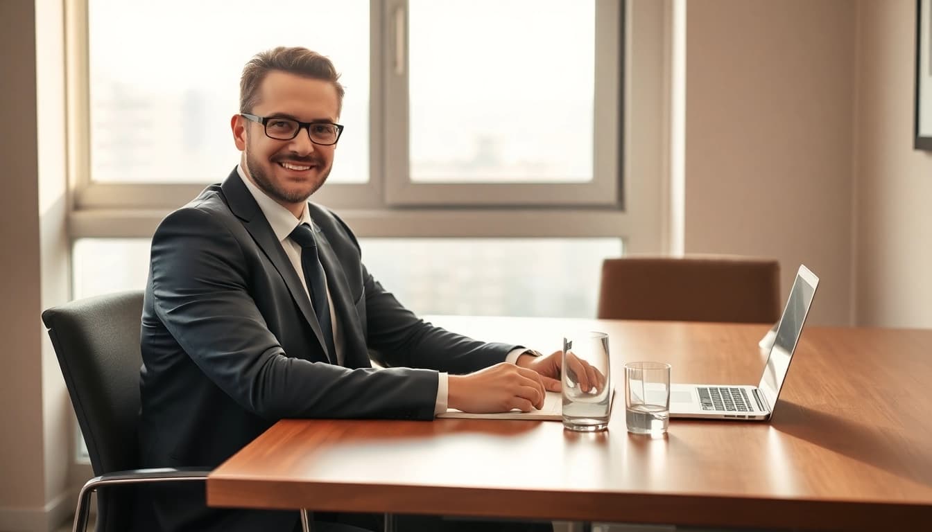 Headhunter Gastronomie berät kompetent in einem eleganten Büro mit Laptop und Notizen.