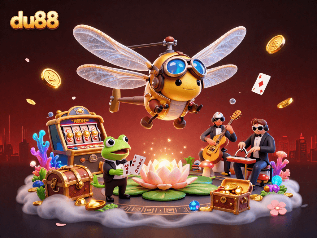 Experience exciting gaming vibes at du88 with a dragonfly pilot and frog dealer in this vibrant casino illustration.