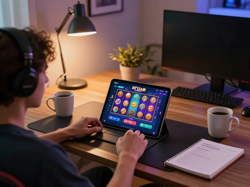 Engaging moment playing Hit club on a tablet, showcasing vibrant game graphics and cozy atmosphere.