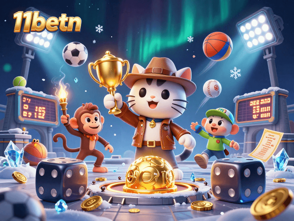 11betn showcases a vibrant 3D scene of an explorer cat and monkey in a dynamic casino environment full of sports and gaming elements.