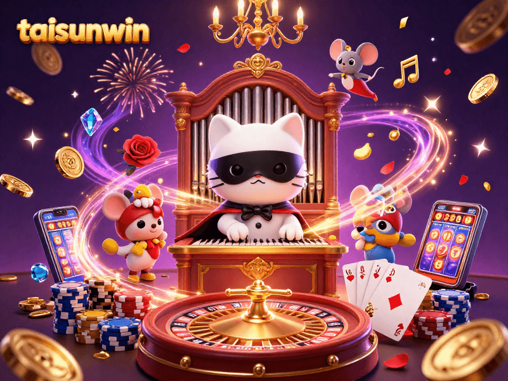 Experience exciting slots with taisunwin featuring a whimsical scene of animated characters and casino elements.