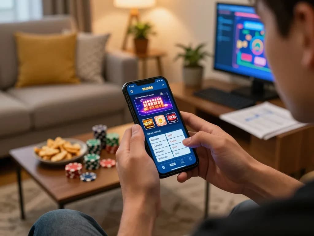 Player engaging with the man88 casino app on smartphone, showcasing exciting mobile gambling experience.