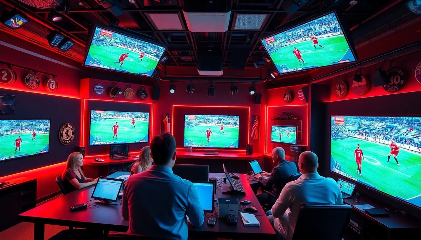 Engaging scene of Sports Broadcasting professionals analyzing live games in a dynamic studio.