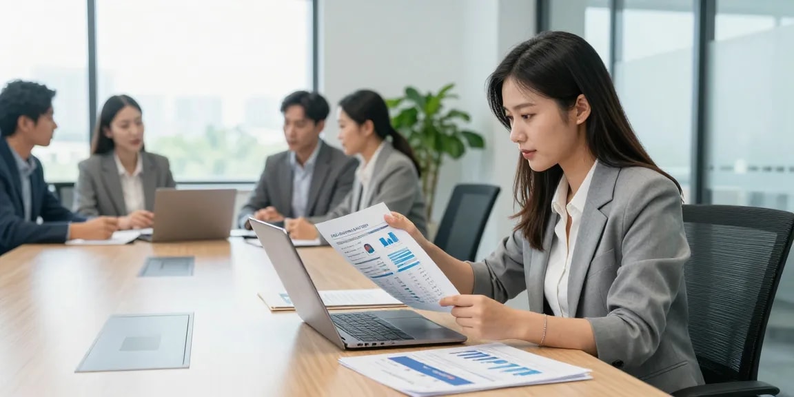 Führungskraft bewerten in einem modernen Büro, professionelle Mitarbeiterin analysiert Feedback und Leistung.