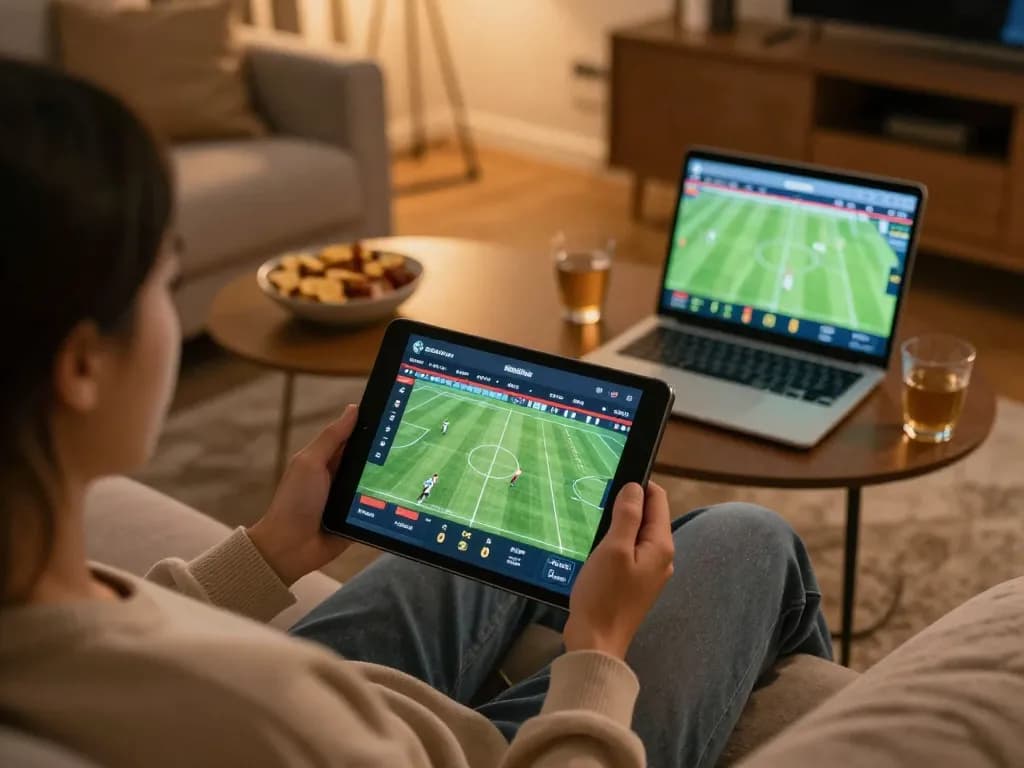Socolive shows a user engaged in online sports betting from a cozy home setup with live football matches displayed.