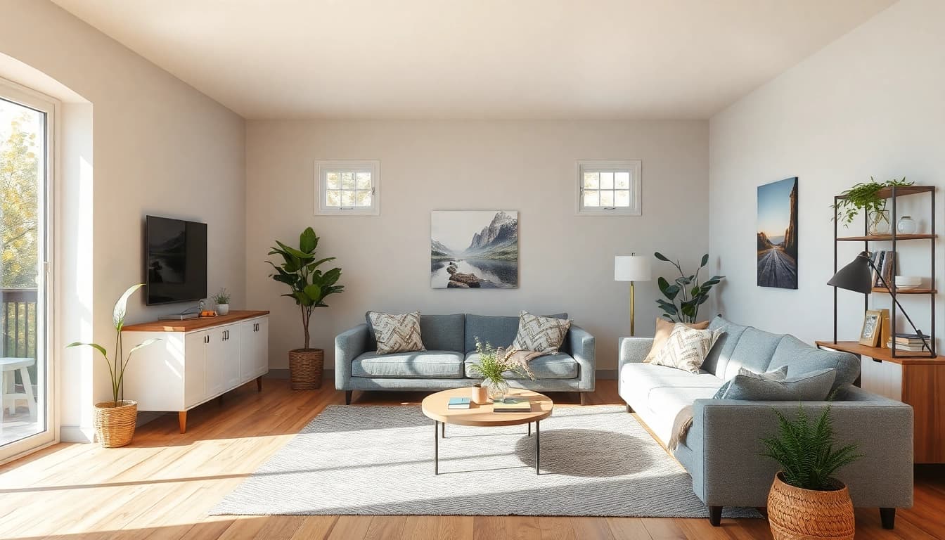 Hausrenovierung: Ein neu gestalteter Wohnraum, der einladend und modern wirkt, mit warmen Farben und umweltfreundlichen Akzenten.