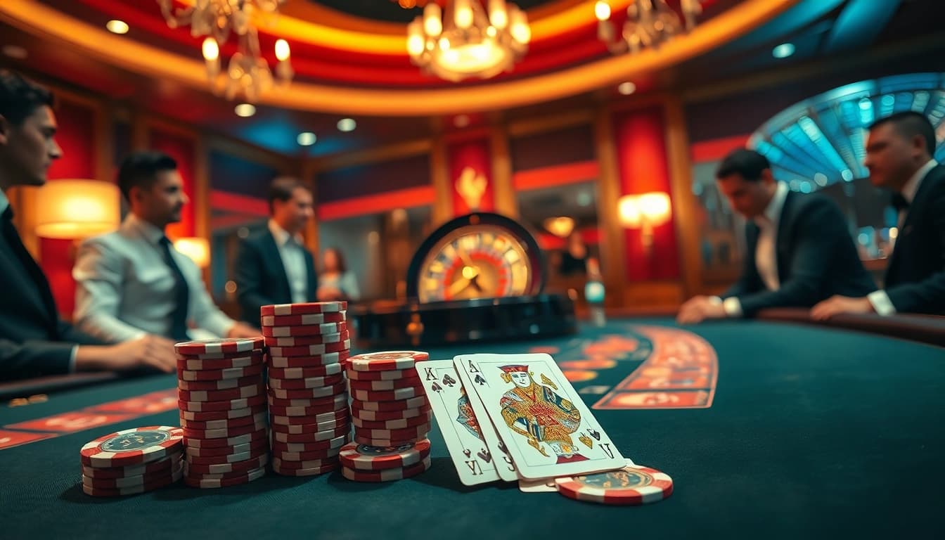 High-stakes poker table featuring 7m chips and professional gamblers immersed in gameplay.