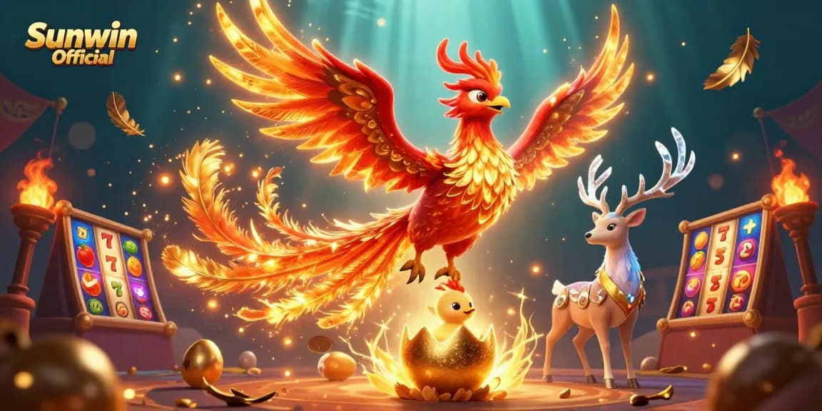 Engage in thrilling games with the vibrant scene of Sunwin Official featuring a phoenix and jackpot symbols.