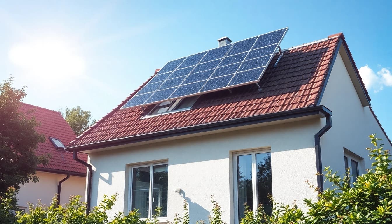 PV Module kaufen: Moderne Solarpanels auf dem Dach eines Wohnhauses, das eine nachhaltige Energiezukunft symbolisiert.