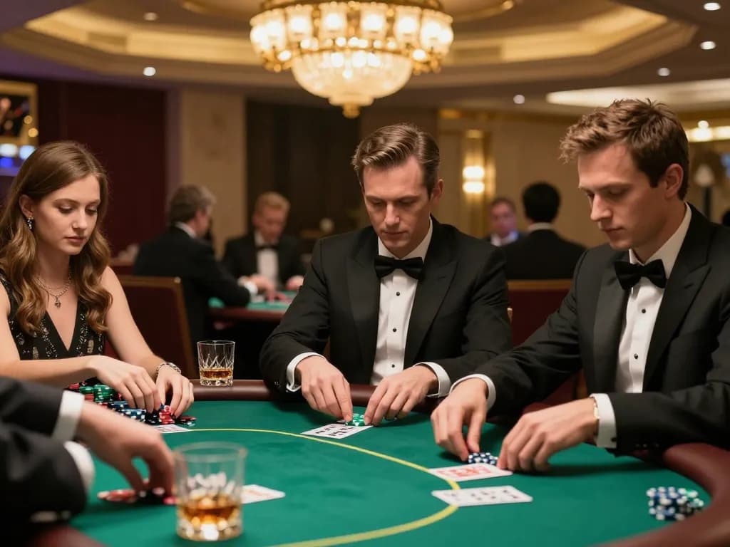 Nohu90 players engaged in high-stakes poker at a VIP table in a luxury casino, showcasing strategic gameplay and sophisticated atmosphere