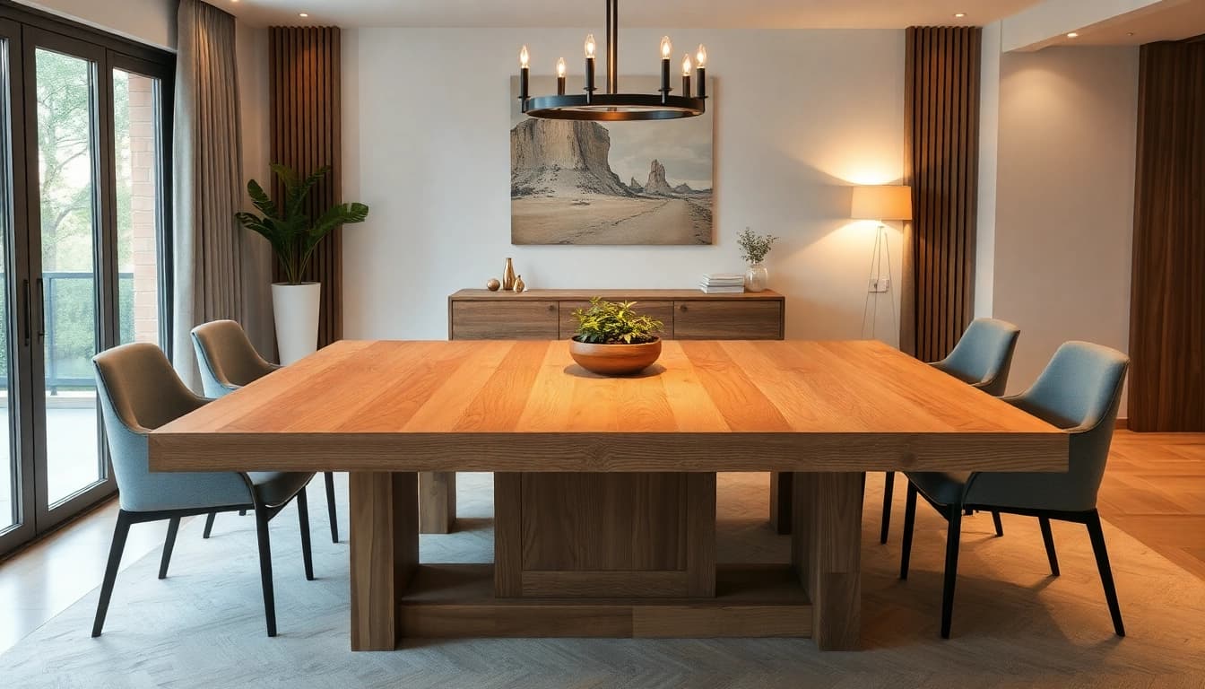 Massiver Eiche Esstisch mit Baumkante, umgeben von eleganten Esszimmerstühlen in einem stilvollen Esszimmer.