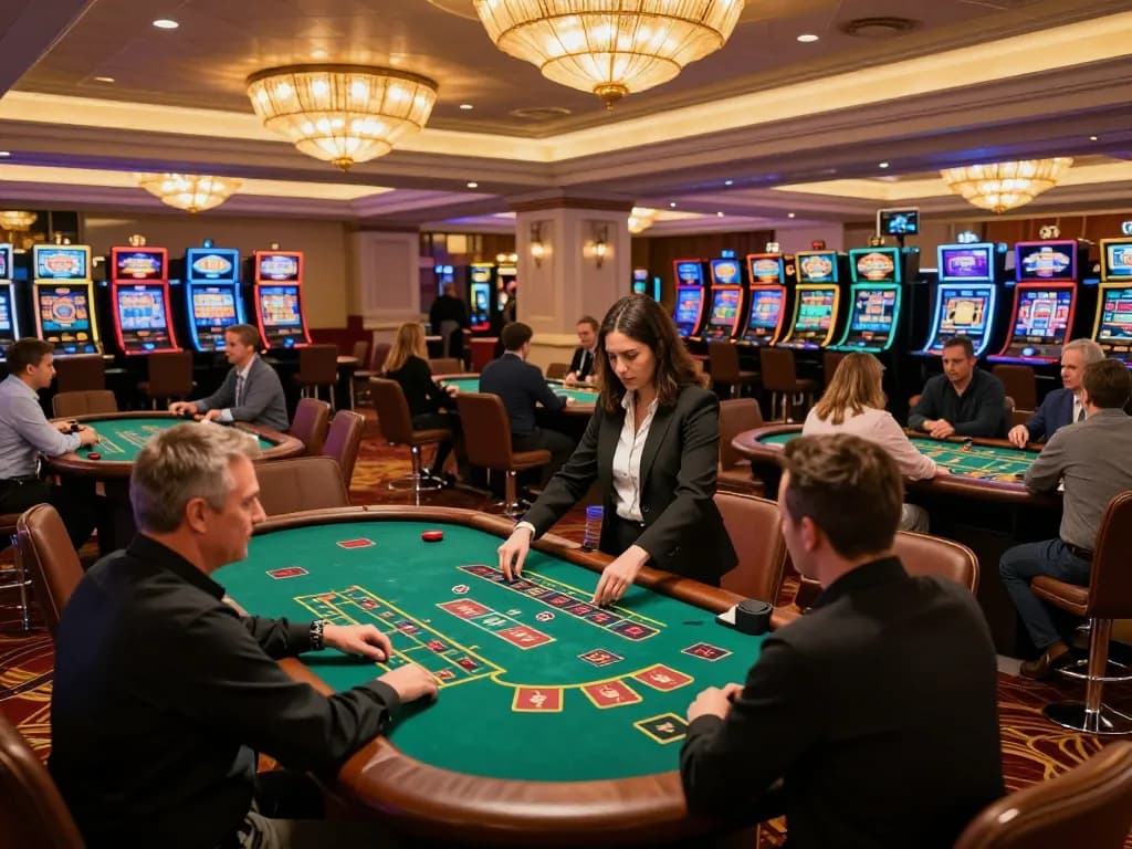 Engaging scene of players at blackjack tables showcasing the features of the Bester KI Detektor for accurate text analysis and strategy.