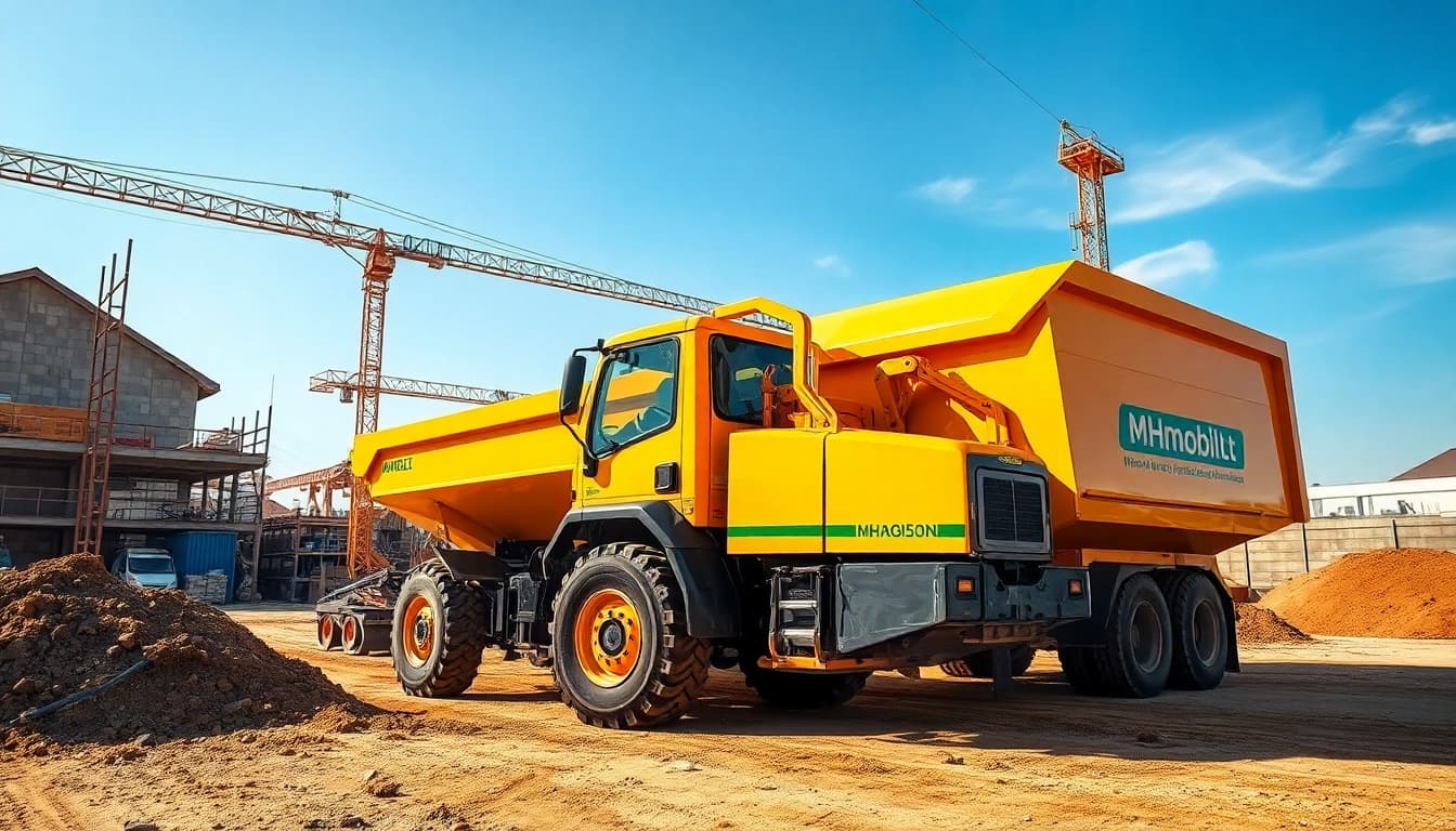 Bagger mieten Hannover: Moderner Bagger auf einer aktiven Baustelle in Hannover beim Abladen von Erde, unter strahlendem Sonnenlicht.