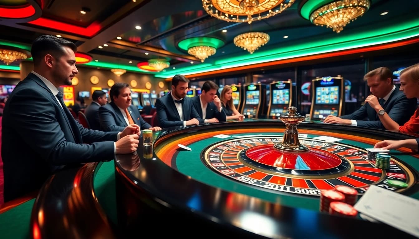 Exciting casino gaming scene at RR88 with roulette, poker chips, and players in action.