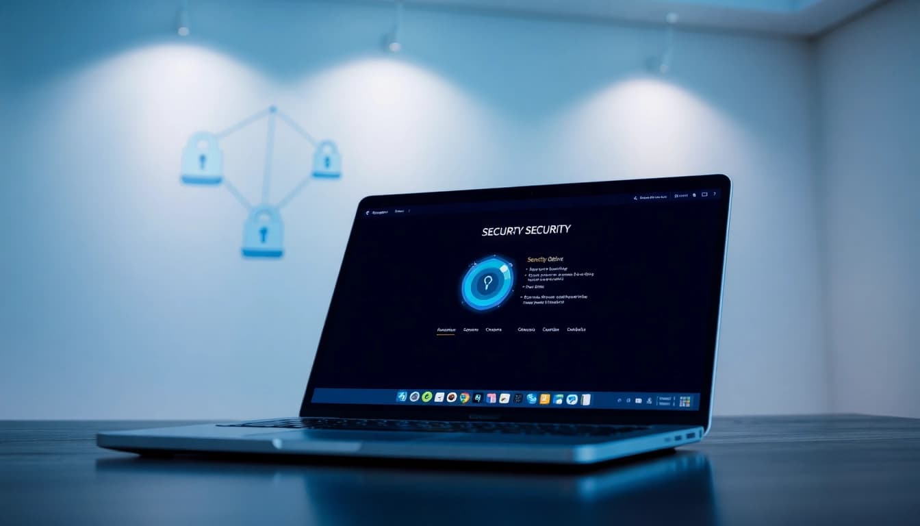 Norton Security Deluxe kaufen: Benutzeroberfläche auf einem Laptop im modernen Raum, die Sicherheit und Technologie vermittelt.