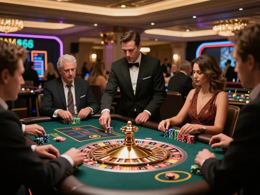 Engaging roulette game at MB66 casino featuring players and a live dealer.