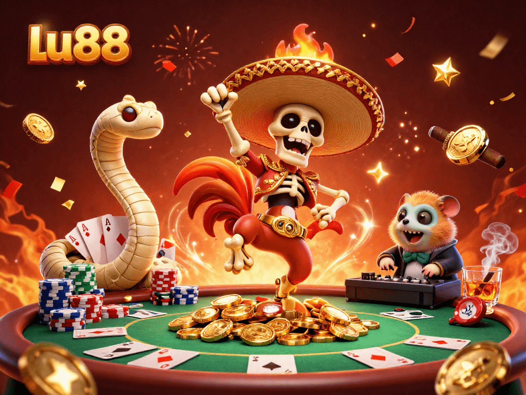 Experience thrilling wins at LU88 with an exciting casino scene featuring lively characters.