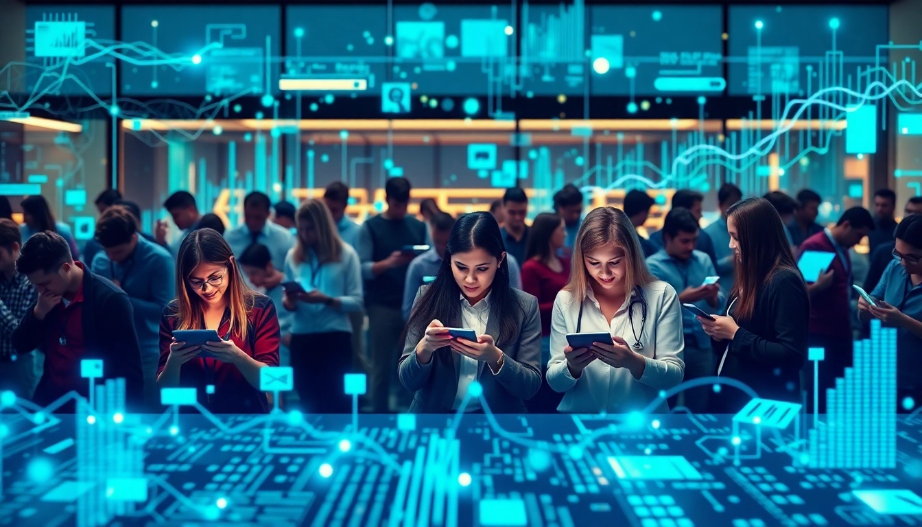 Internet Trends visualized through a diverse group engaging with technology.