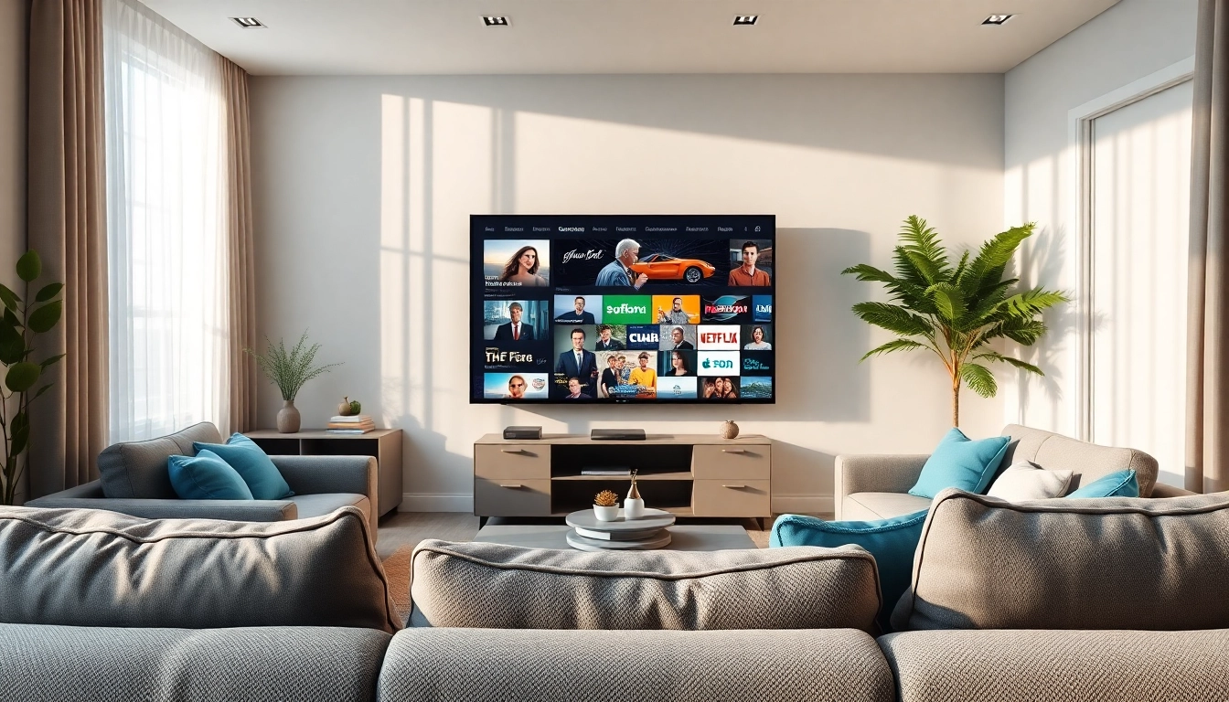 Genießen Sie iptv 12 monate in einem modernen Wohnzimmer mit großem TV-Bildschirm.