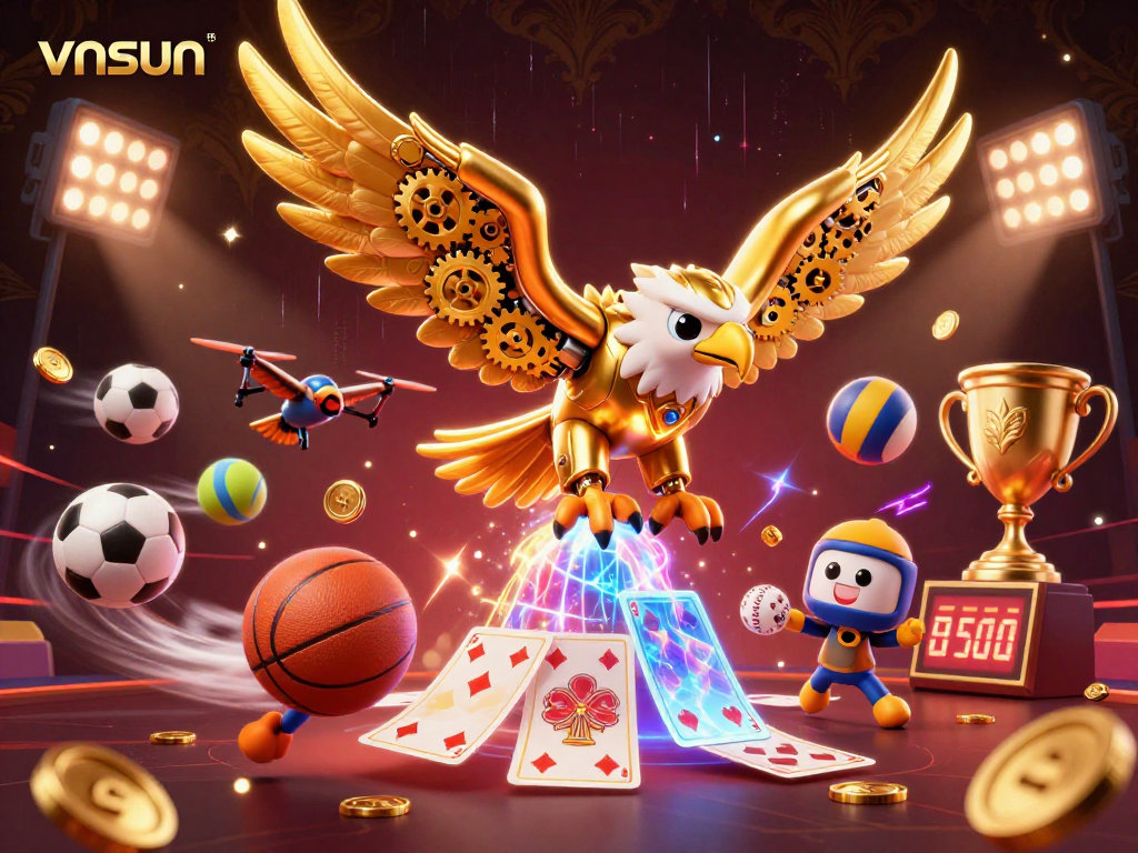 Experience thrilling action with vnsun as the golden eagle dives through holographic cards amidst vibrant casino elements.